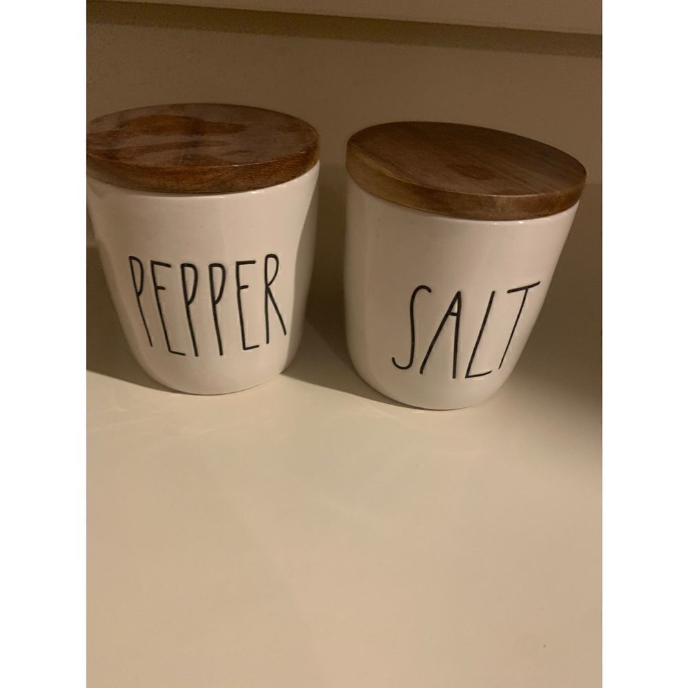 Rae Dunn Ceramic Salt and Pepper Cellars with wood lids